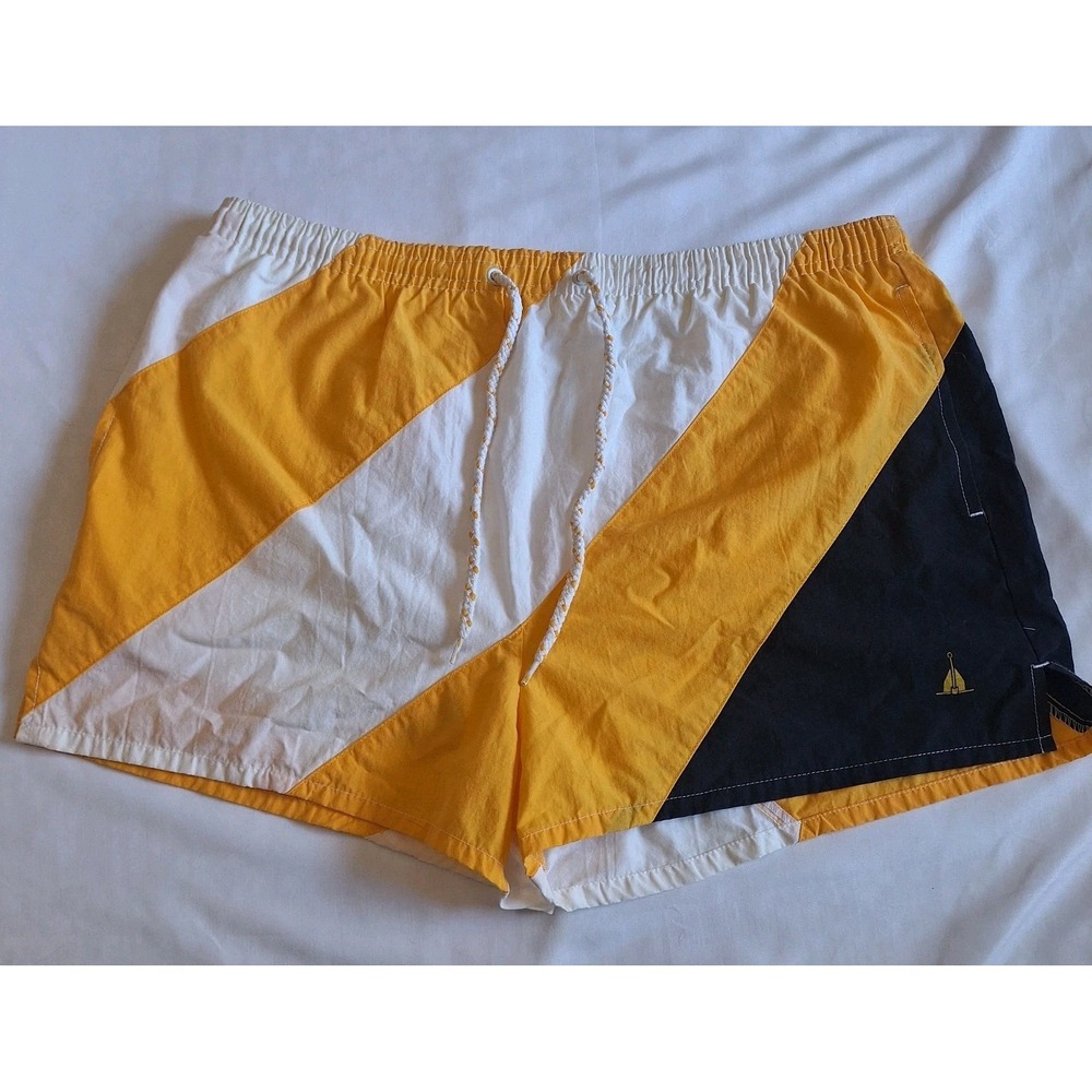 Nautica Competition Swim Trunks Mens L Vintage 90s Colorblock Yellow White Navy